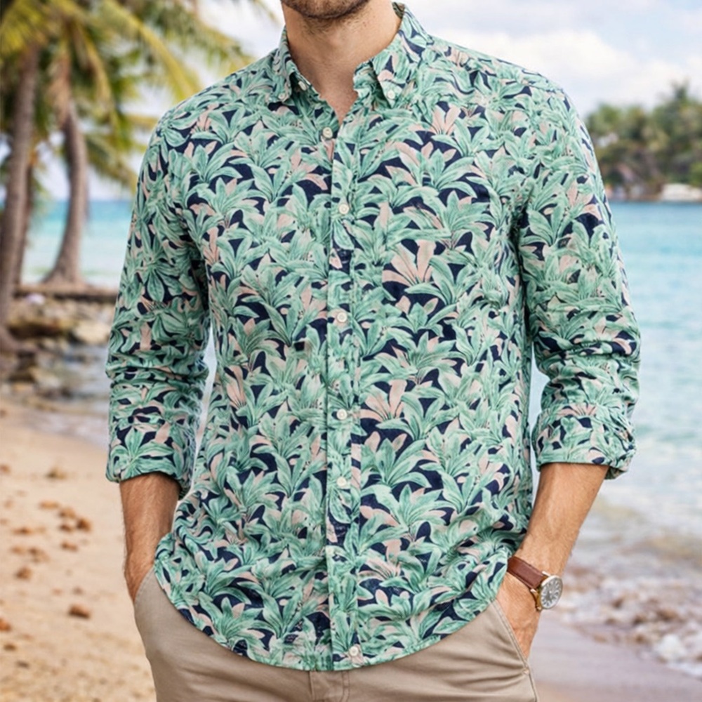 American Eagle Men’s Green Hawaiian Floral Button Down Long‎ Sleeve Shirt M